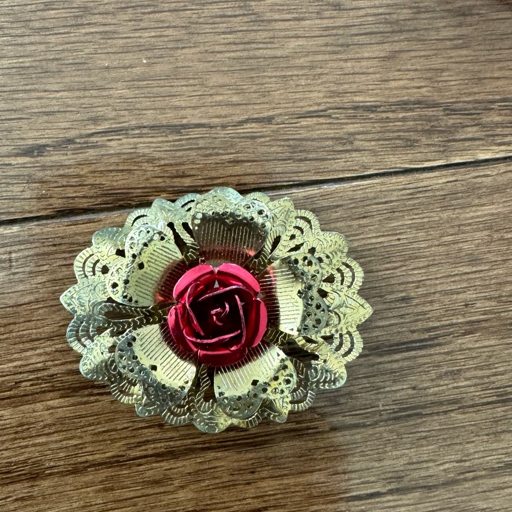 Elegant Gold and Red Rose Brooch